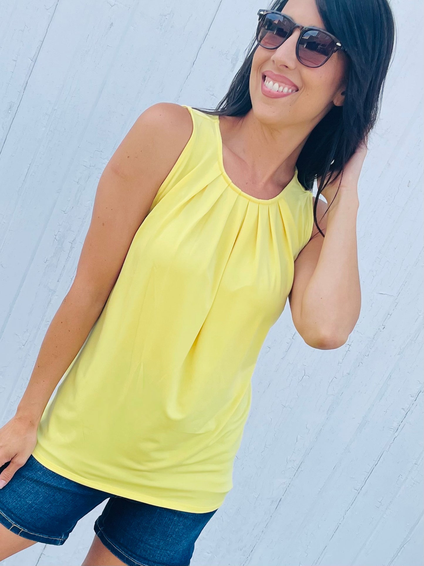 YELLOW SLEEVELESS FRONT NECK PLEAT TOP