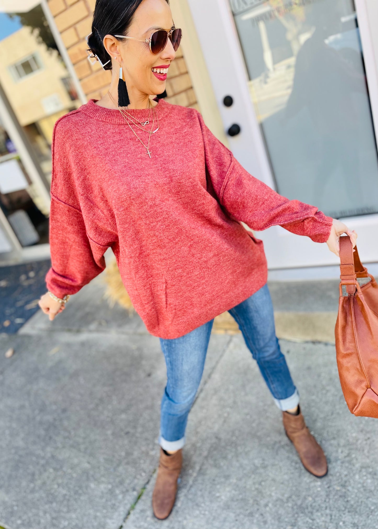 Rust Oversized Round Neck Raw Seam Sweater