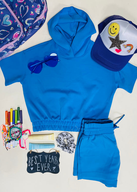 Blue - Girls Soft Scuba Hoodie Pullover and Shorts Set