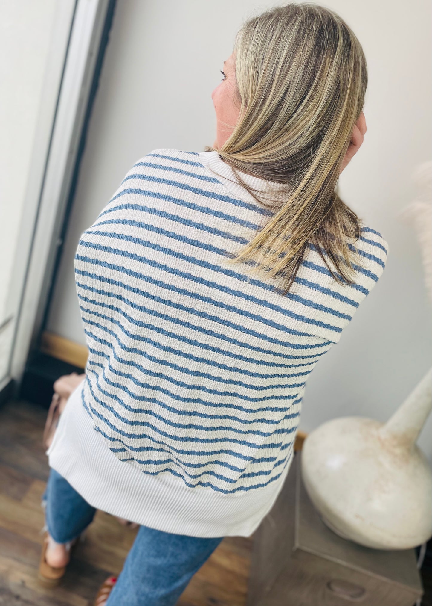 Blue & White - Oversized Ribbed Top with Side Slits