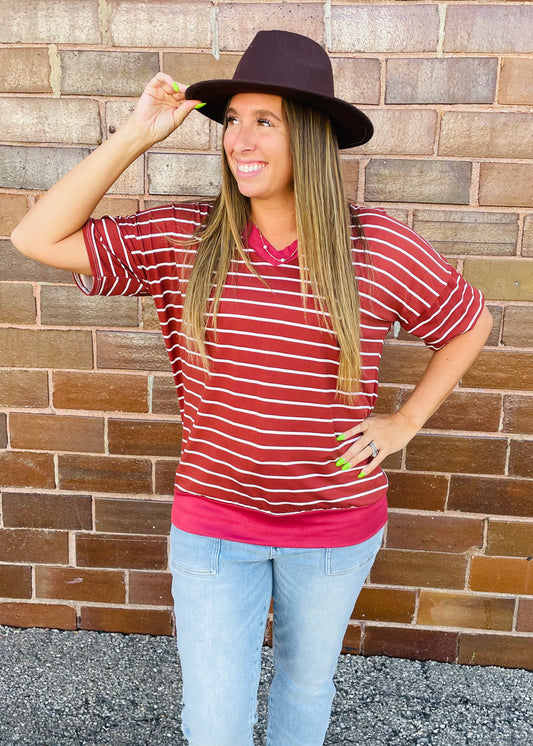 Rust Stripe V-Neck Short Sleeve Tunic Top