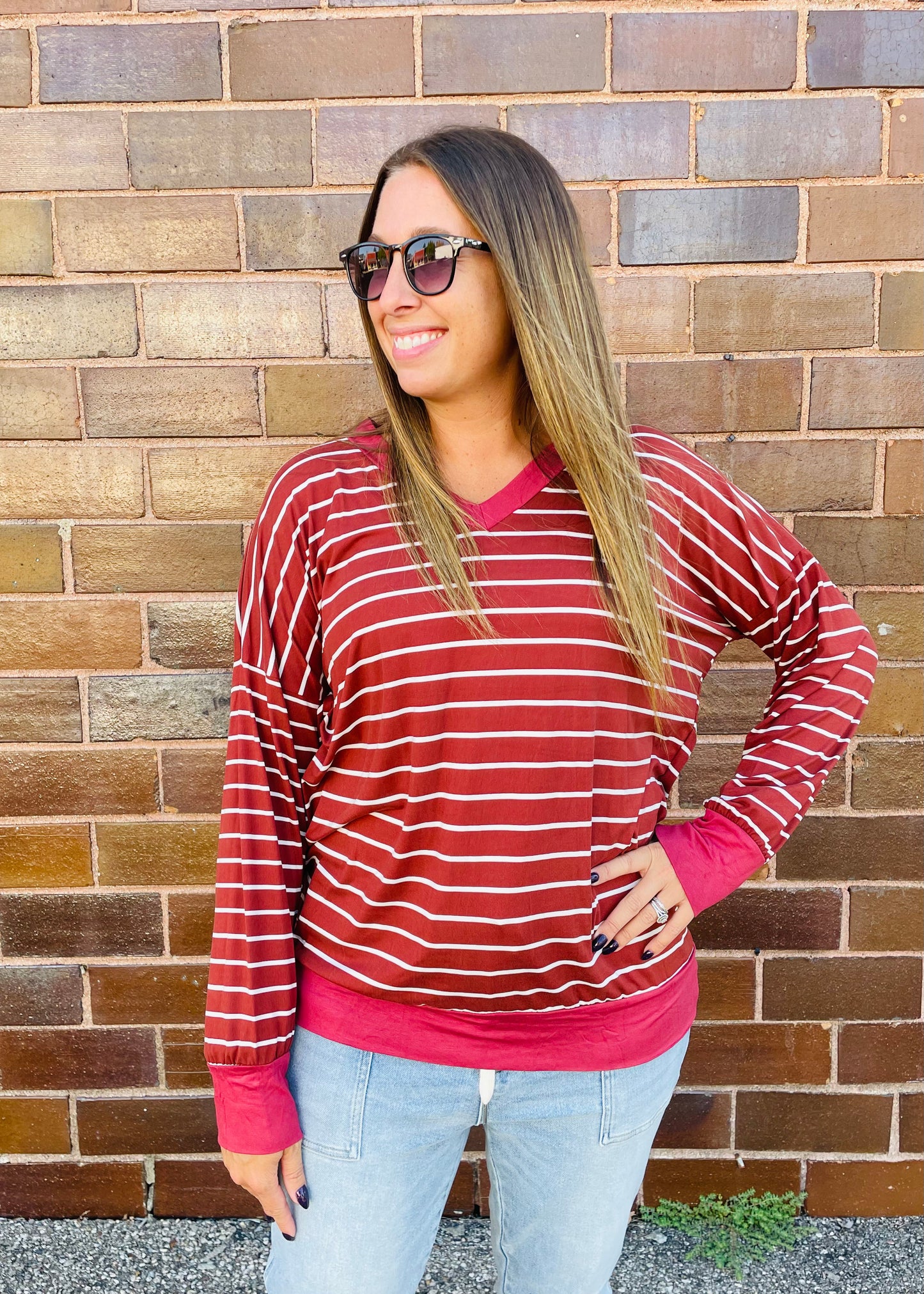 Rust Stripe V-Neck Long Sleeve Tunic Top