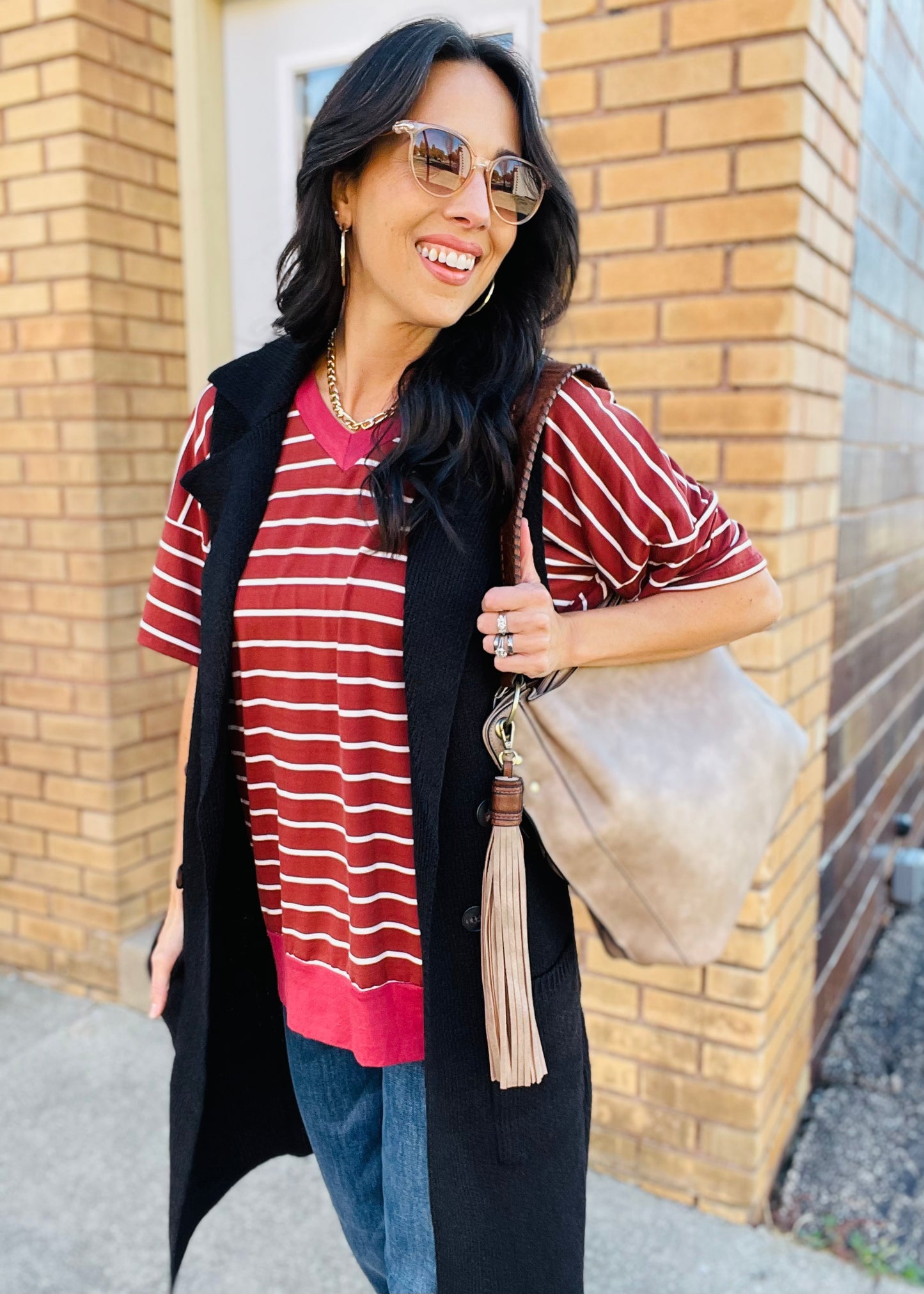 Rust Stripe V-Neck Short Sleeve Tunic Top