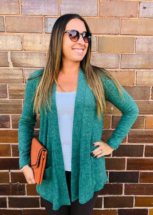 Dark Green Ribbed Open Front Cardi