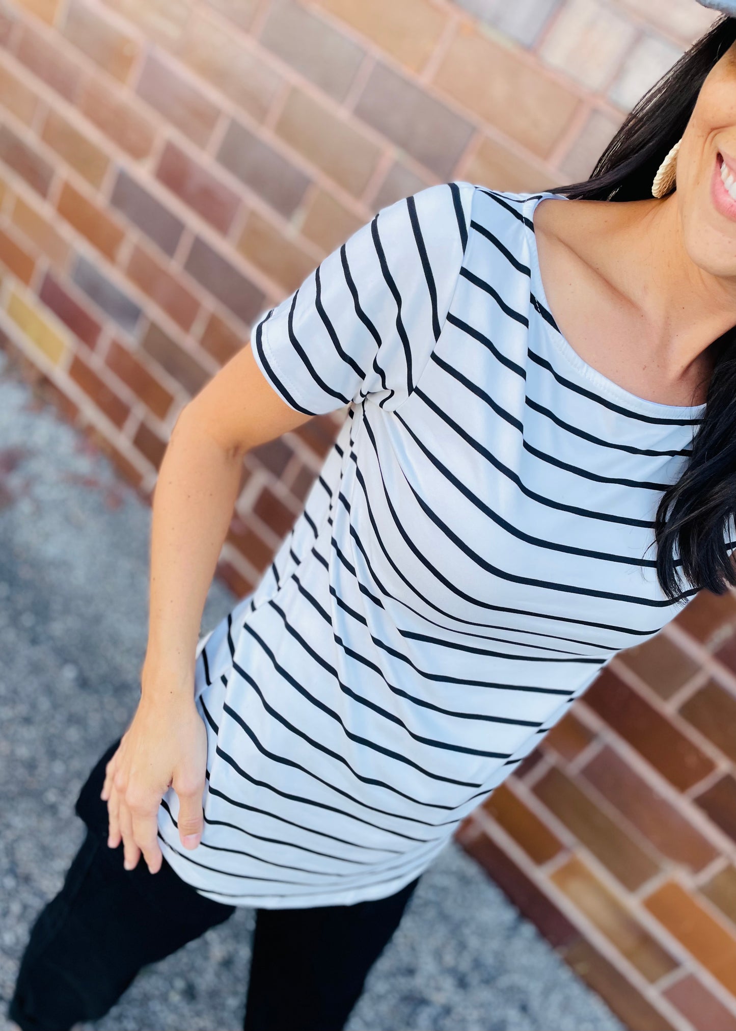 Black - Stripe Boat Neck Short Sleeve Top