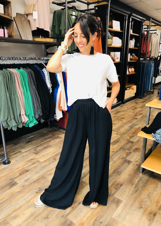 Black - Long Linen Blend Wide Leg Pant