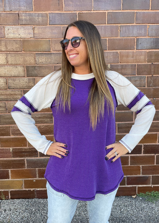 PURPLE VARSITY OVERSIZED RIBBED TOP