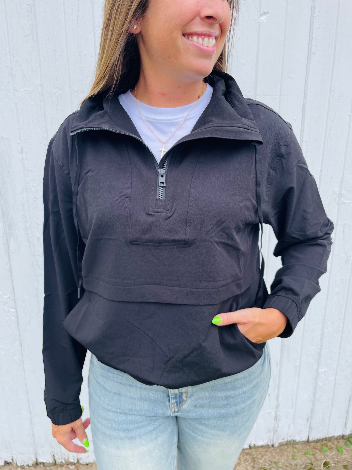 Black Mini Seersucker Anorak Jacket