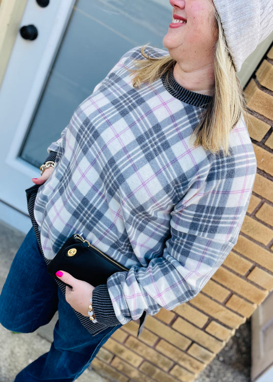 Plaid Brushed Top with Side Slits