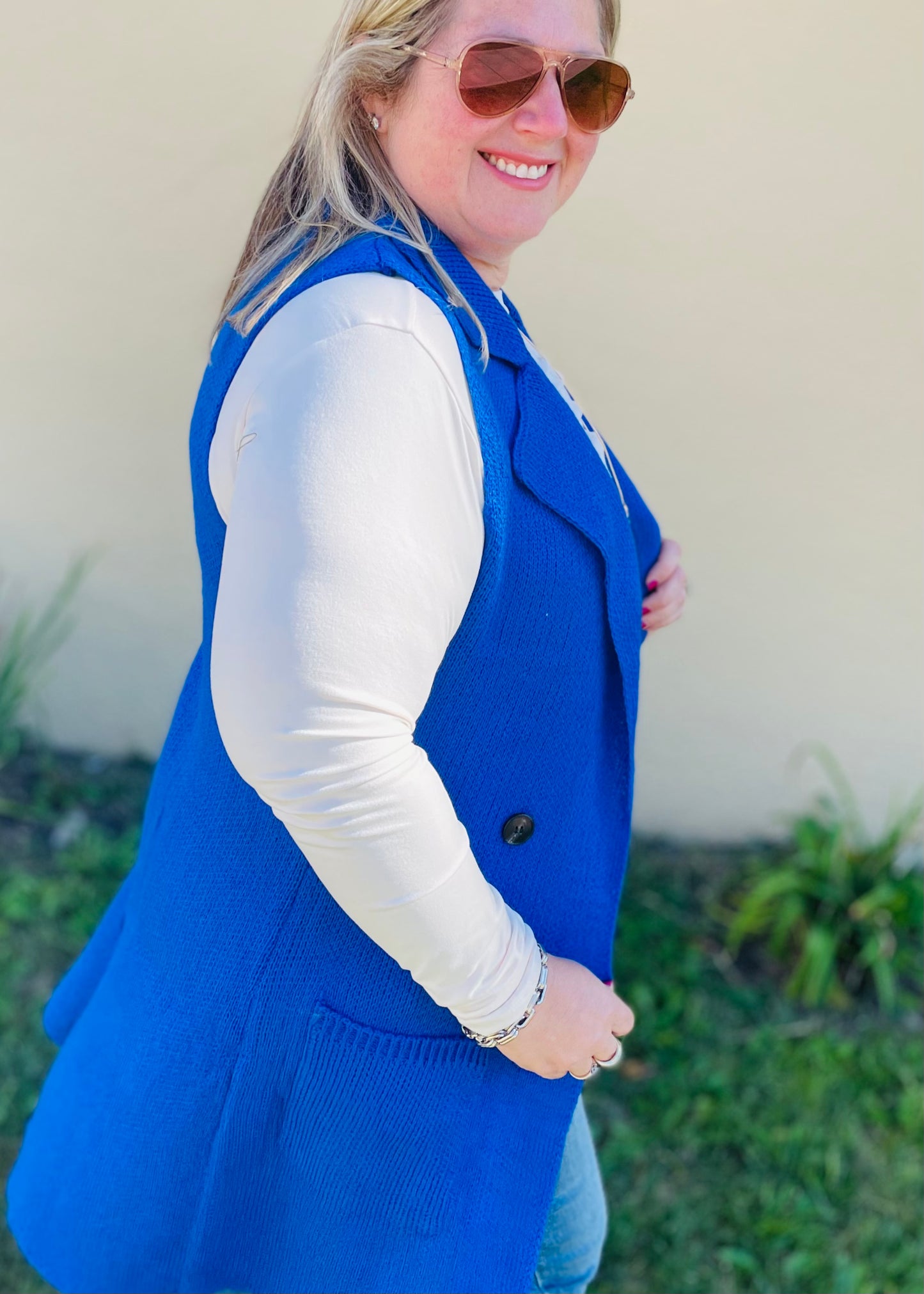 Blue Sleeveless Long Sweater Vest