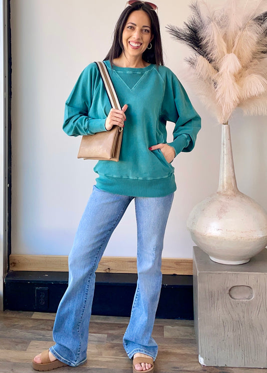 Teal - Pullover Sweater Top with Pockets