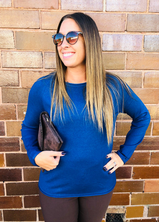 Classic Blue Round Neck Basic Sweater