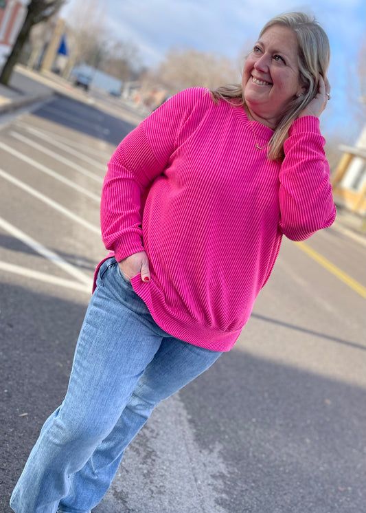 Fuchsia - Oversized Ribbed Knit Top with Side Slits