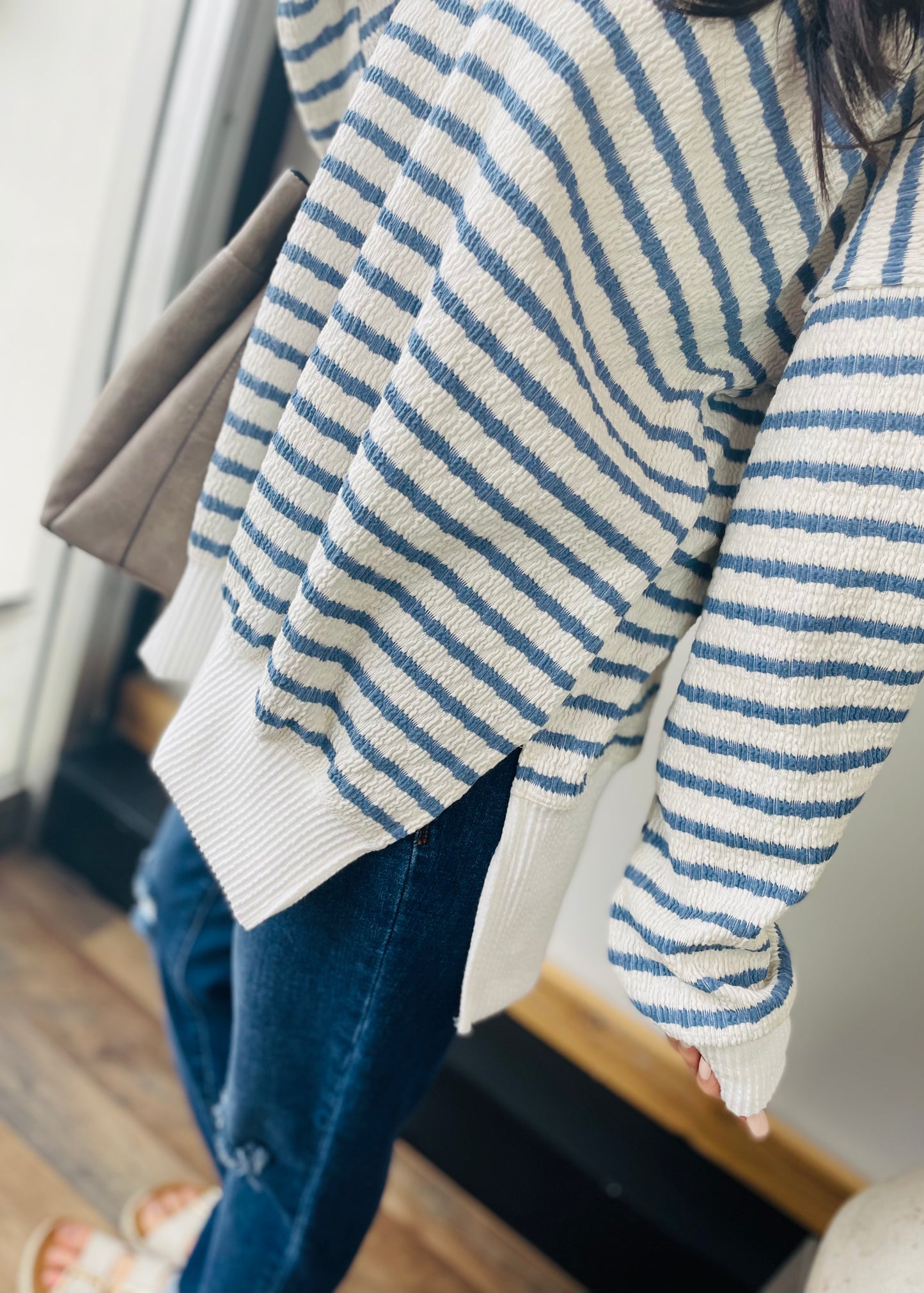 Blue & White - Oversized Ribbed Top with Side Slits