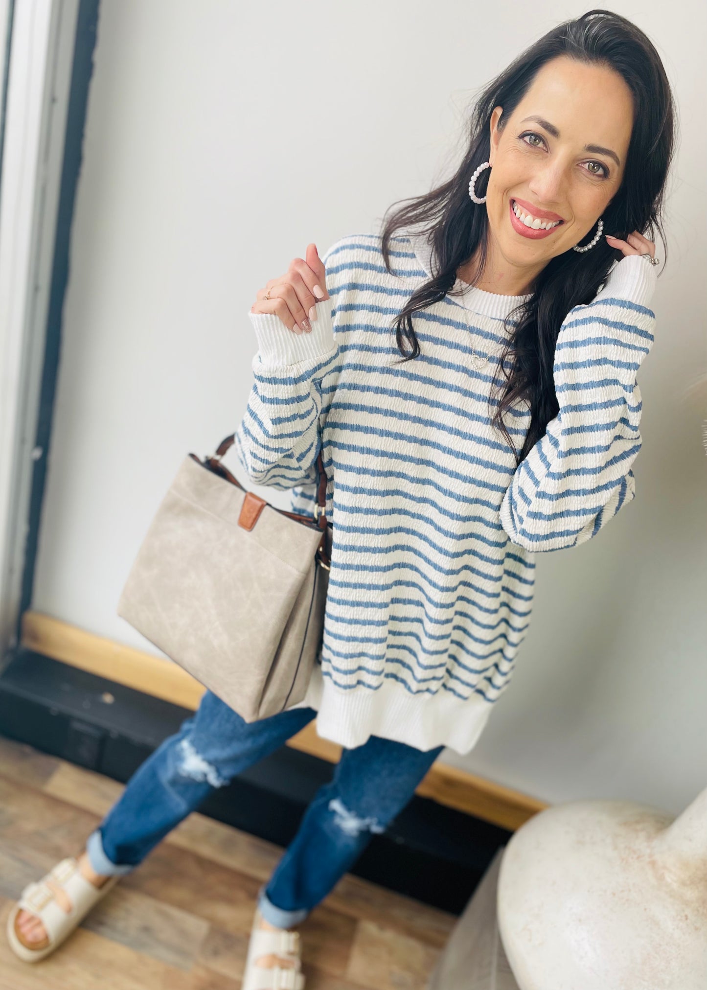 Blue & White - Oversized Ribbed Top with Side Slits