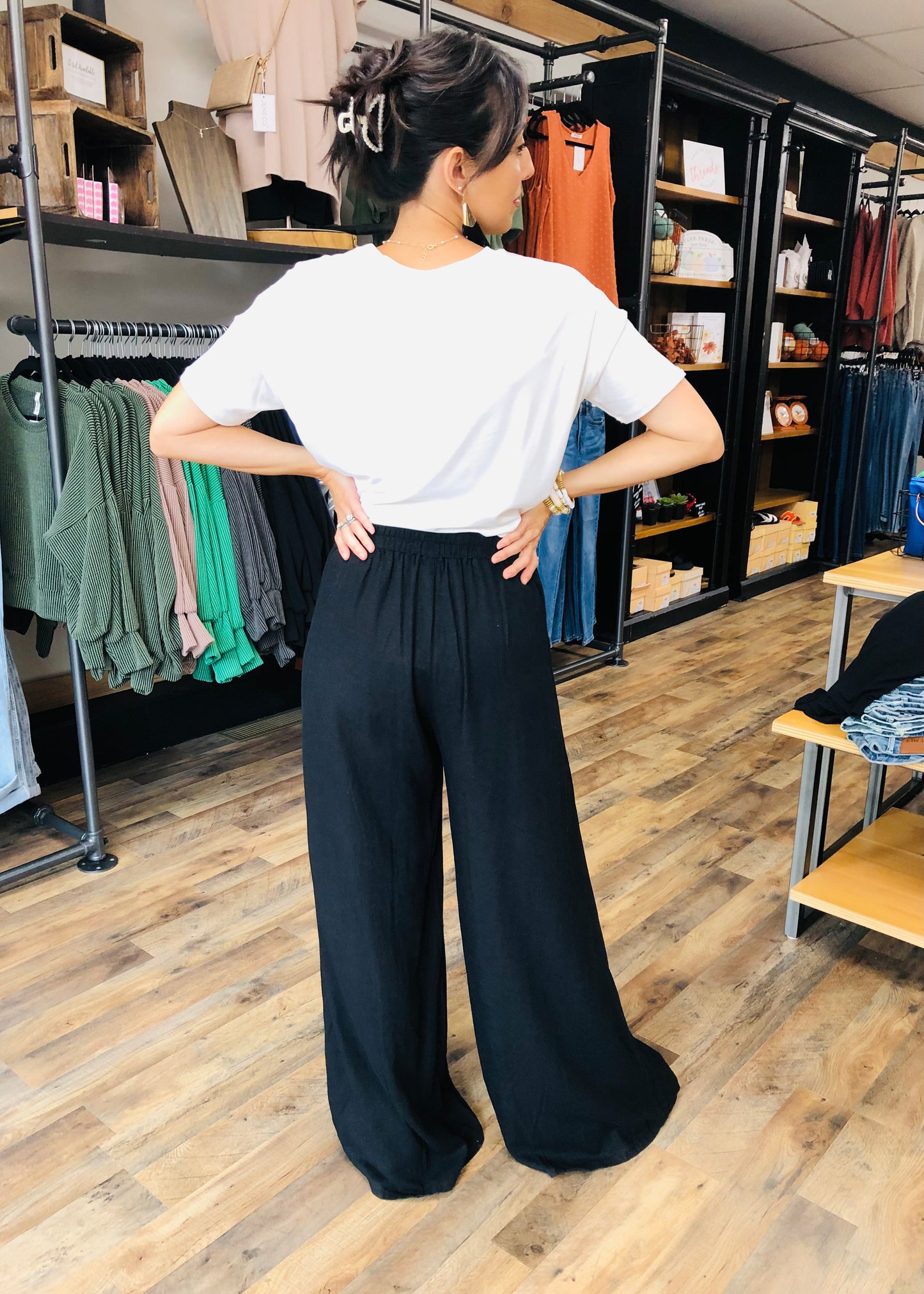 Black - Long Linen Blend Wide Leg Pant