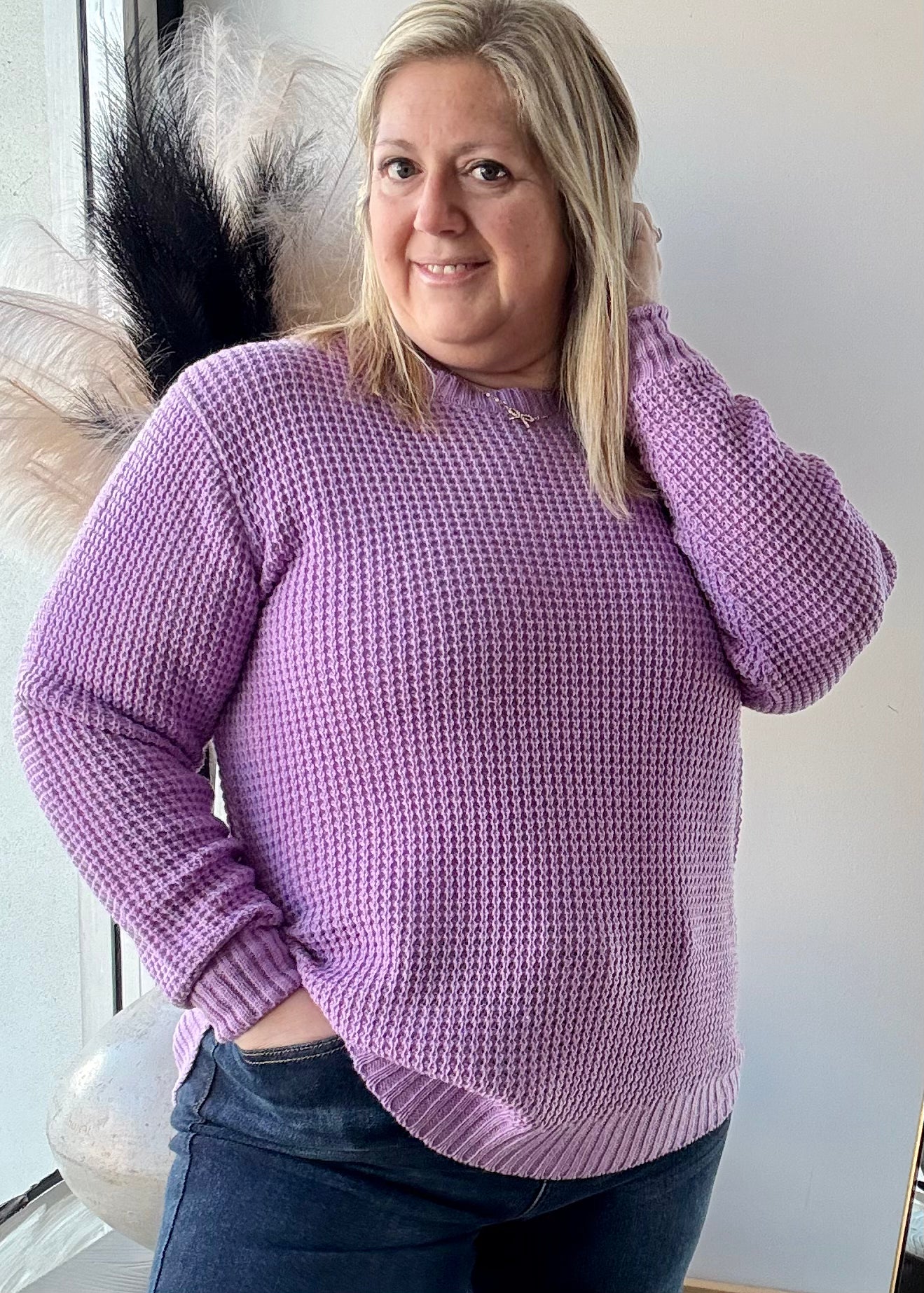 Lavender - Round Neck Waffle Sweater