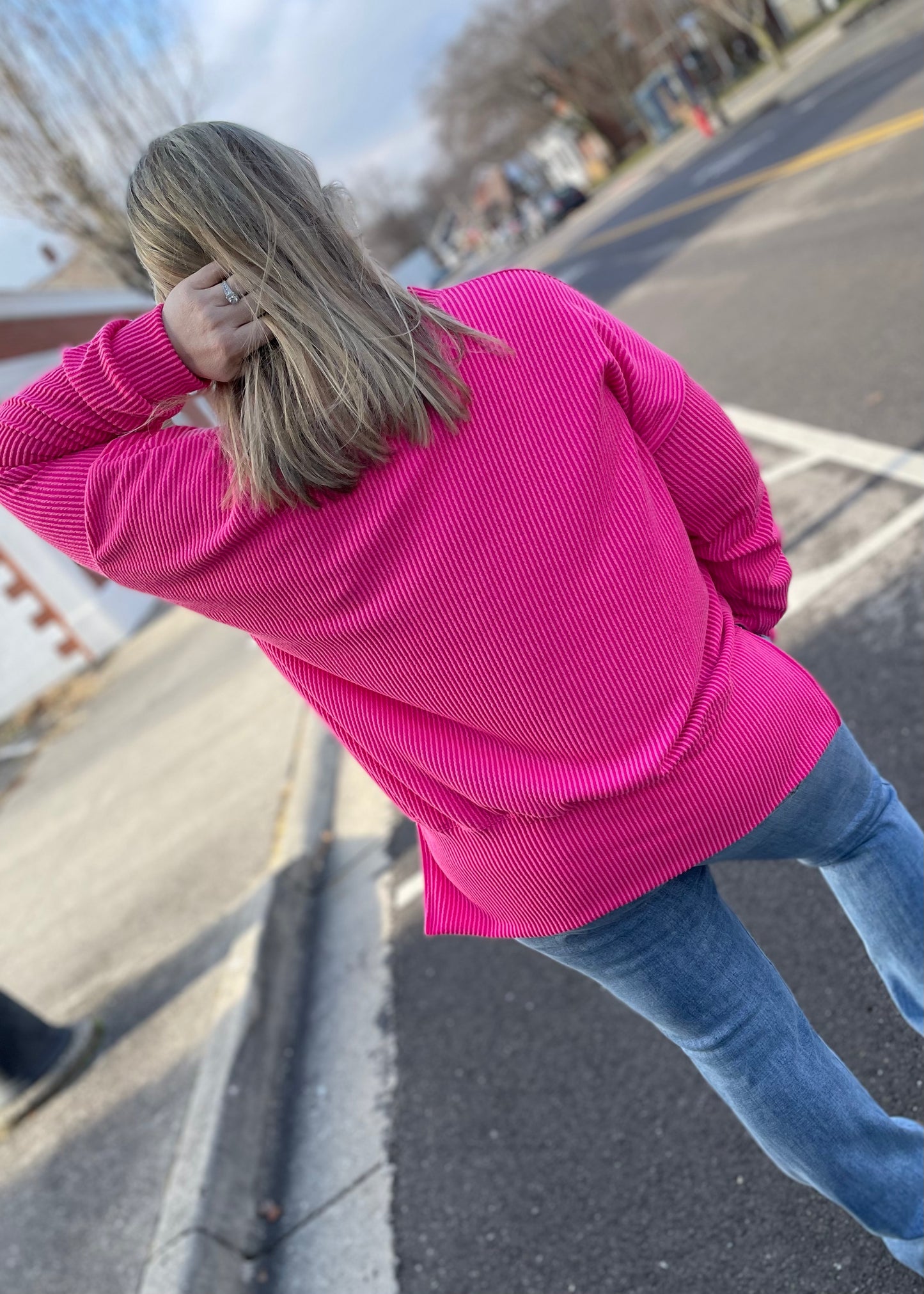 Pink - Oversized Ribbed Knit Top with Side Slits