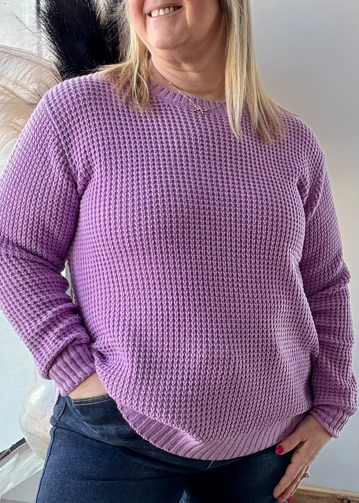 Lavender - Round Neck Waffle Sweater