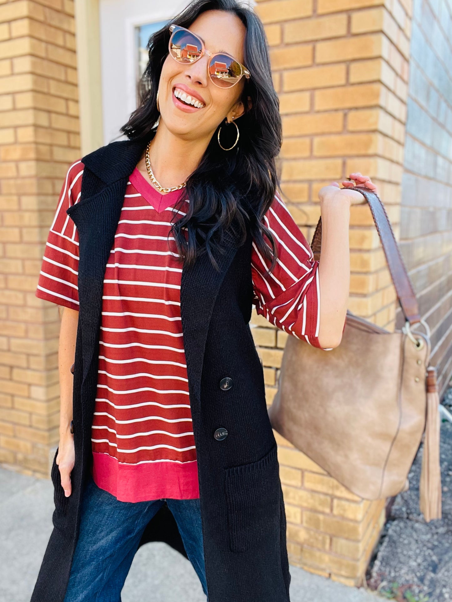 Rust Stripe V-Neck Short Sleeve Tunic Top