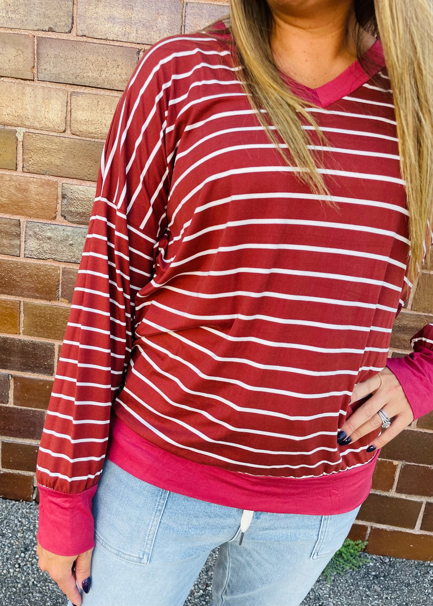 Rust Stripe V-Neck Long Sleeve Tunic Top