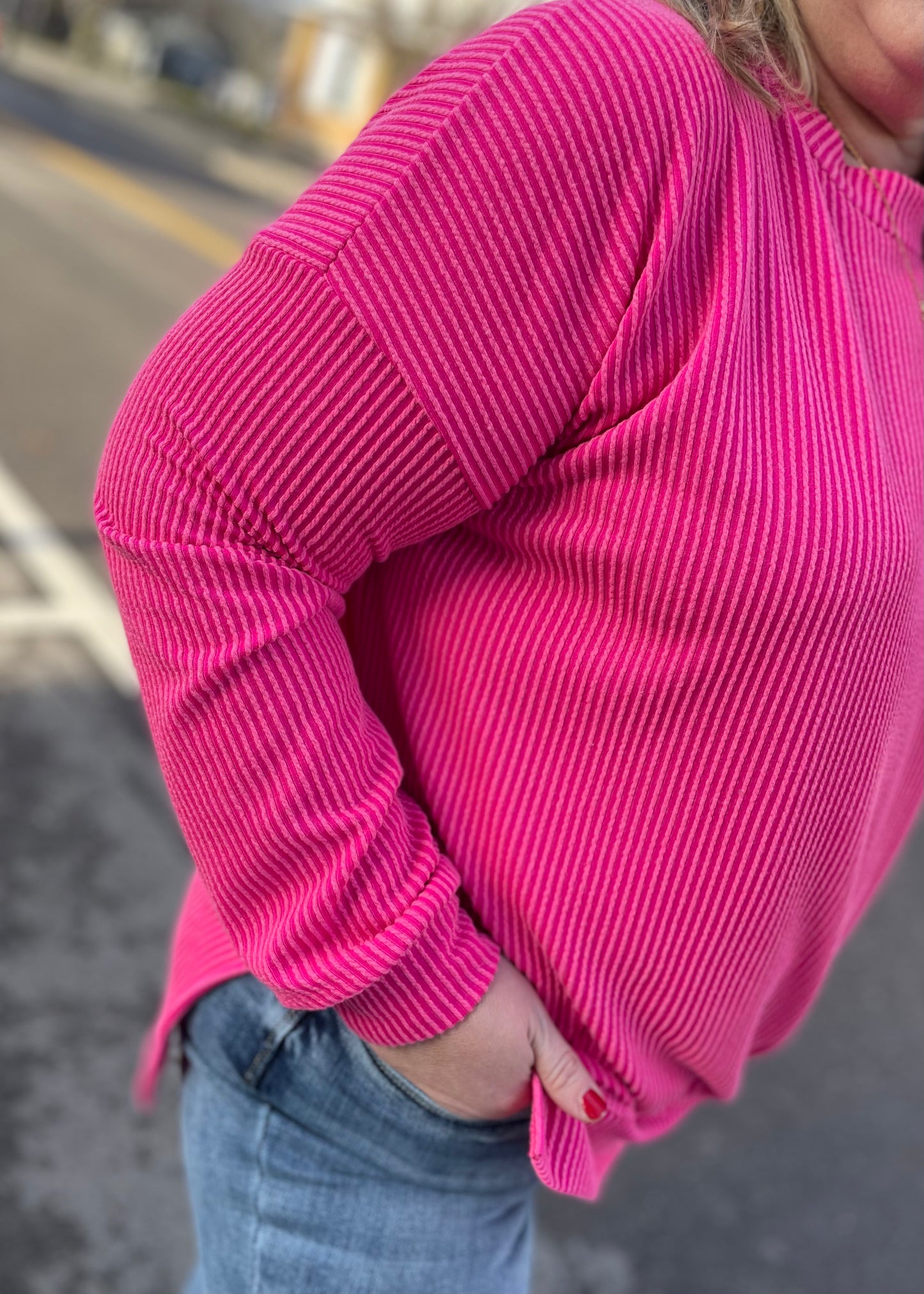 Pink - Oversized Ribbed Knit Top with Side Slits