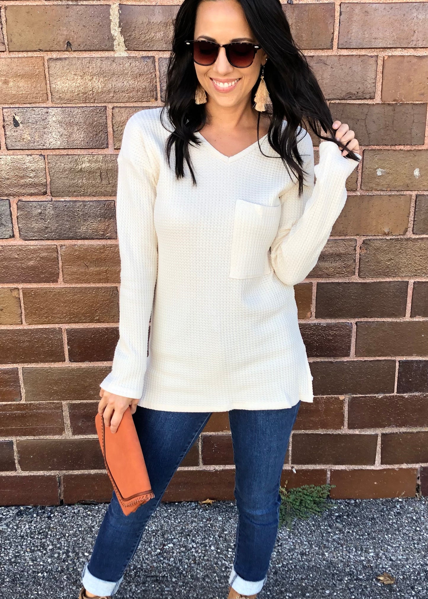 Beige V-Neck Long Sleeve