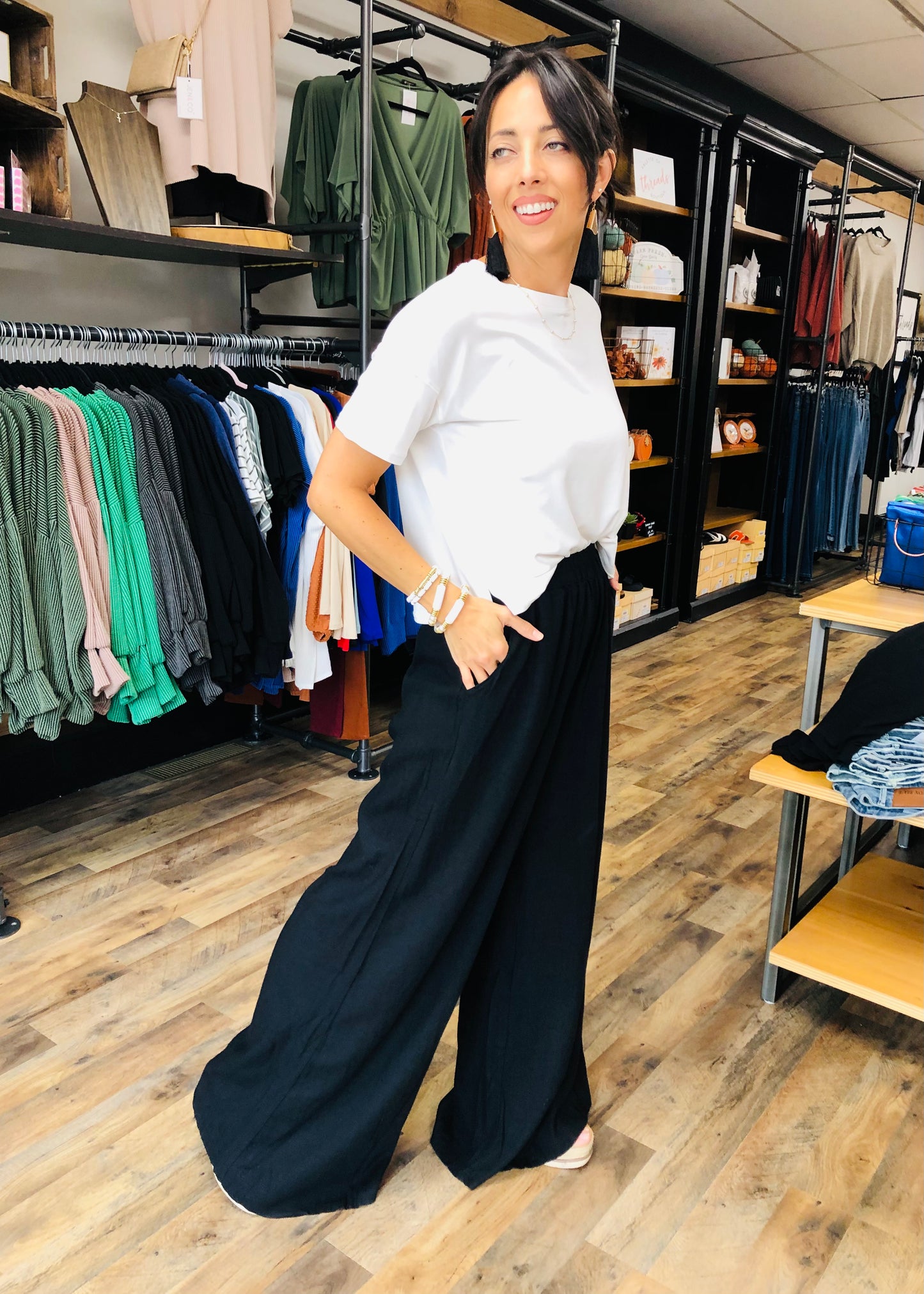 Black - Long Linen Blend Wide Leg Pant