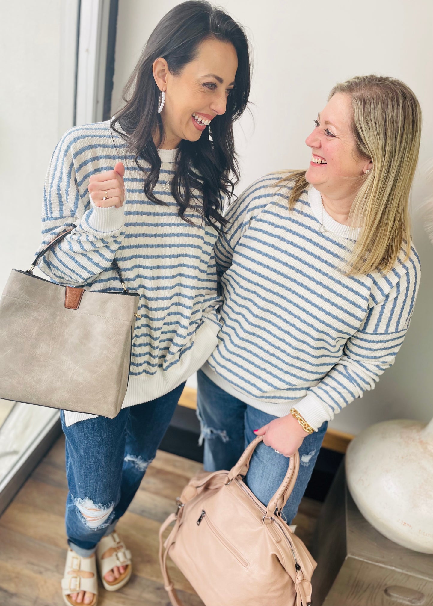 Blue & White - Oversized Ribbed Top with Side Slits