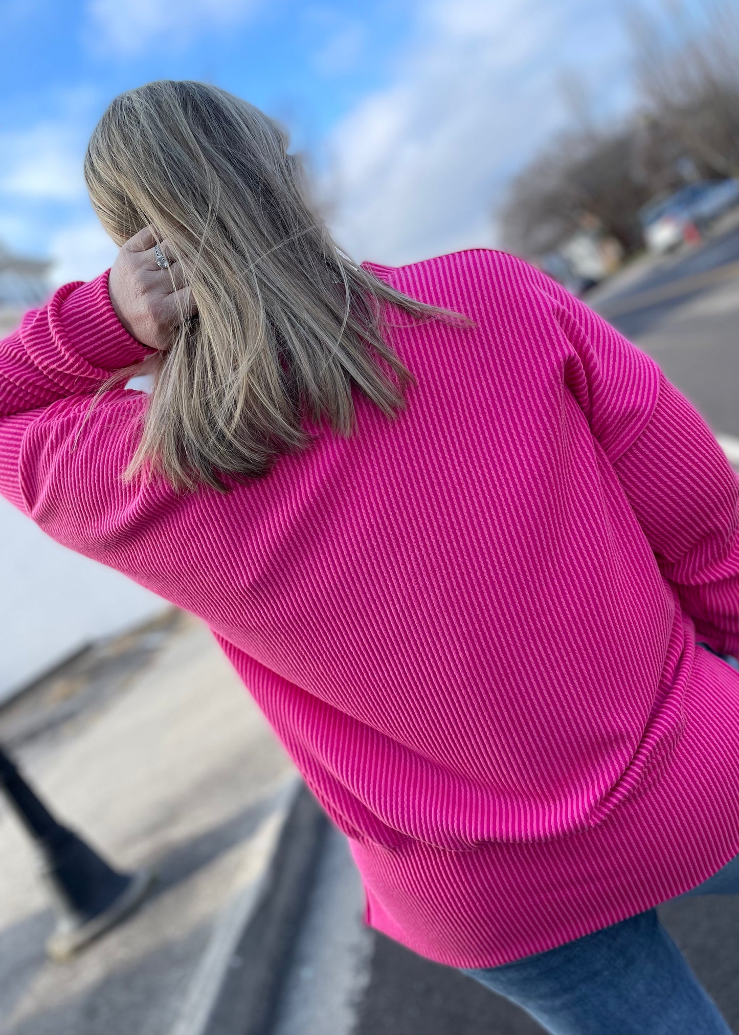 Pink - Oversized Ribbed Knit Top with Side Slits