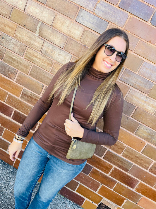 Brown Mock Neck Basic Top