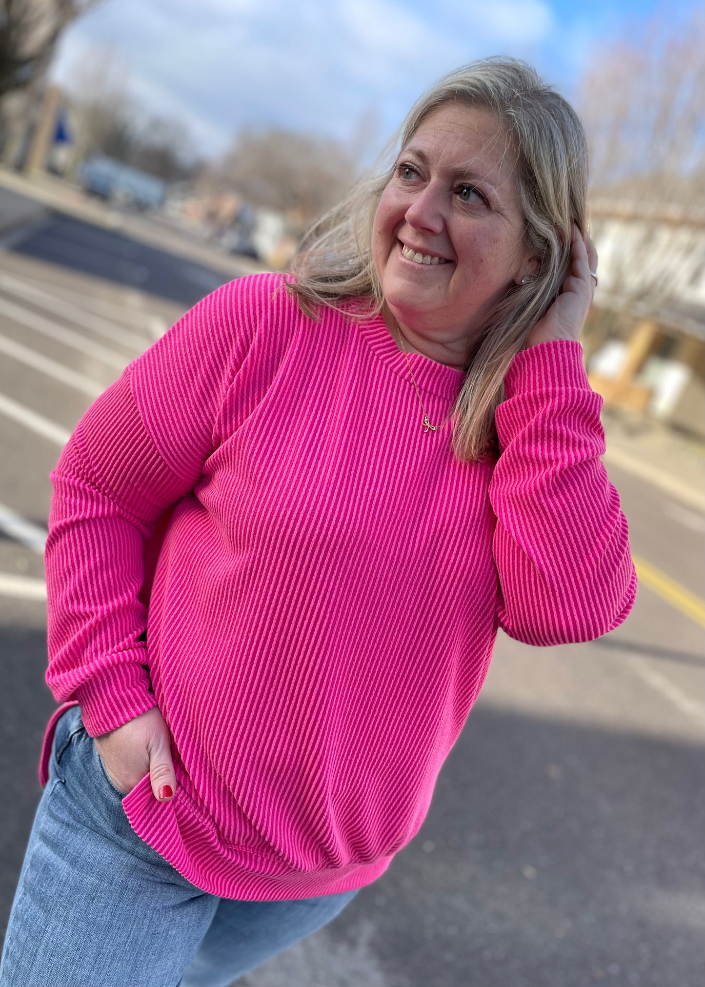 Pink - Oversized Ribbed Knit Top with Side Slits