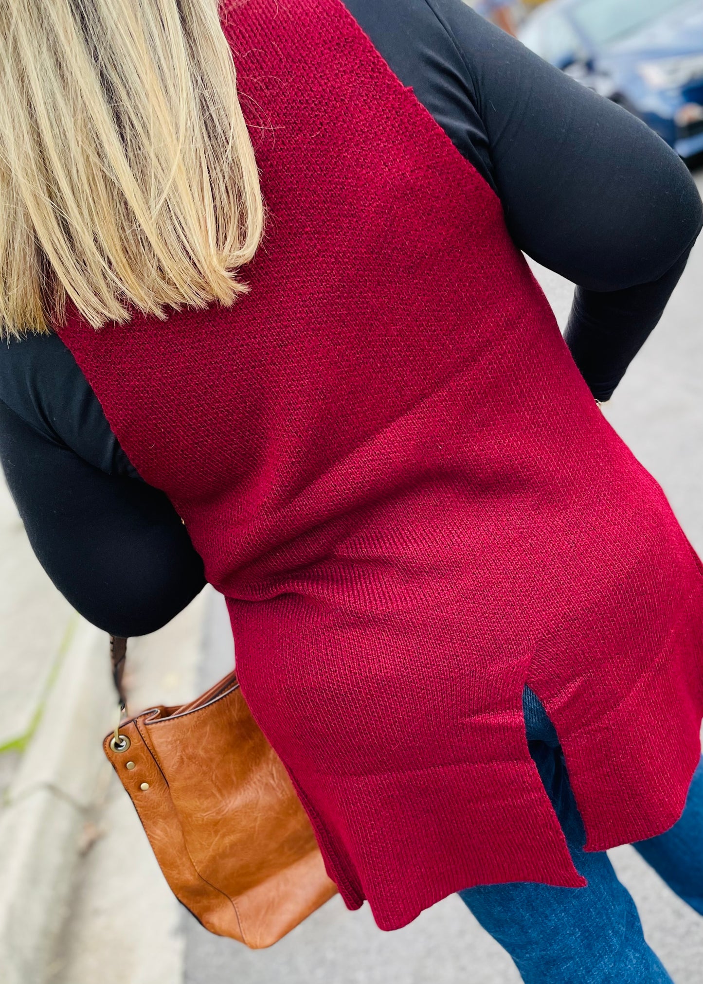 Burgundy Sleeveless Long Sweater Vest