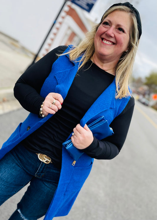 Blue Sleeveless Long Sweater Vest