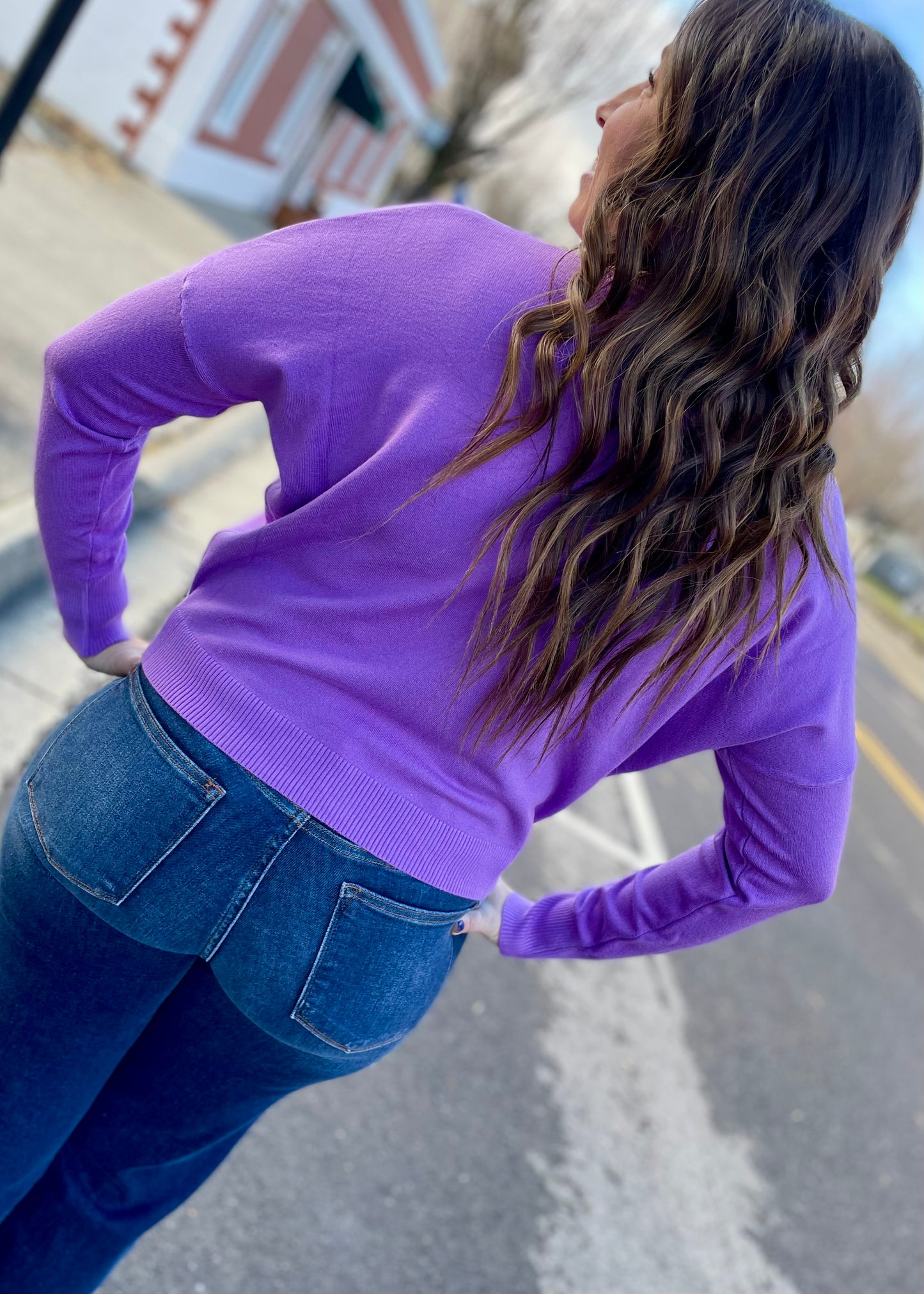 PURPLE SEAM FRONT ROUND NECK SWEATER