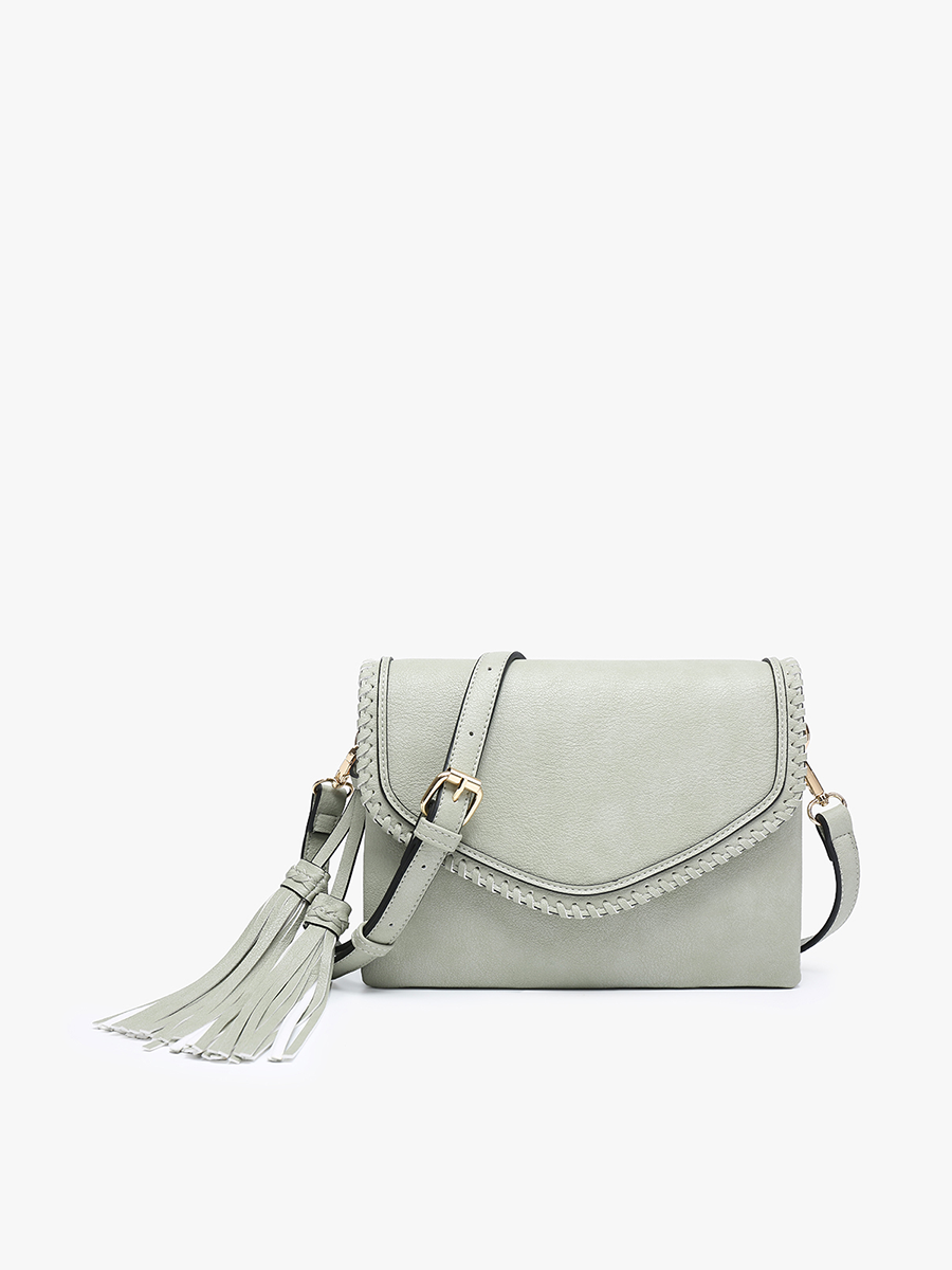 M1802A Sloane Flapover Crossbody w/ Whipstitch and Tassel: Grey