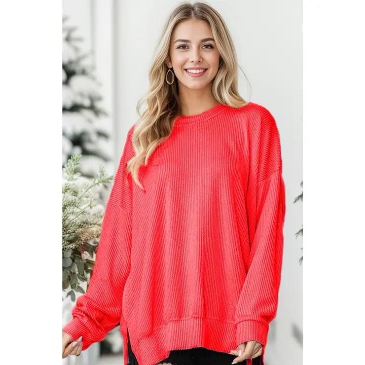 Red Oversized Ribbed Knit with Side Slits