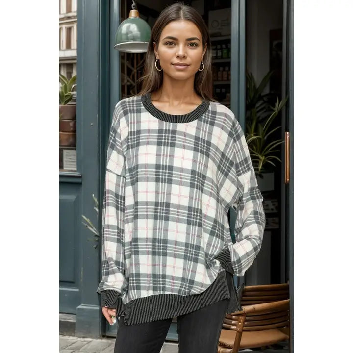 Plaid Brushed Top with Side Slits