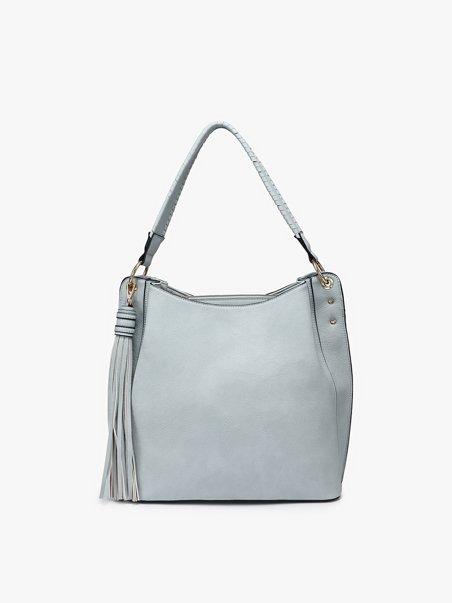 M1861 Amber Three Compartment Tassel Hobo Bag: Grey