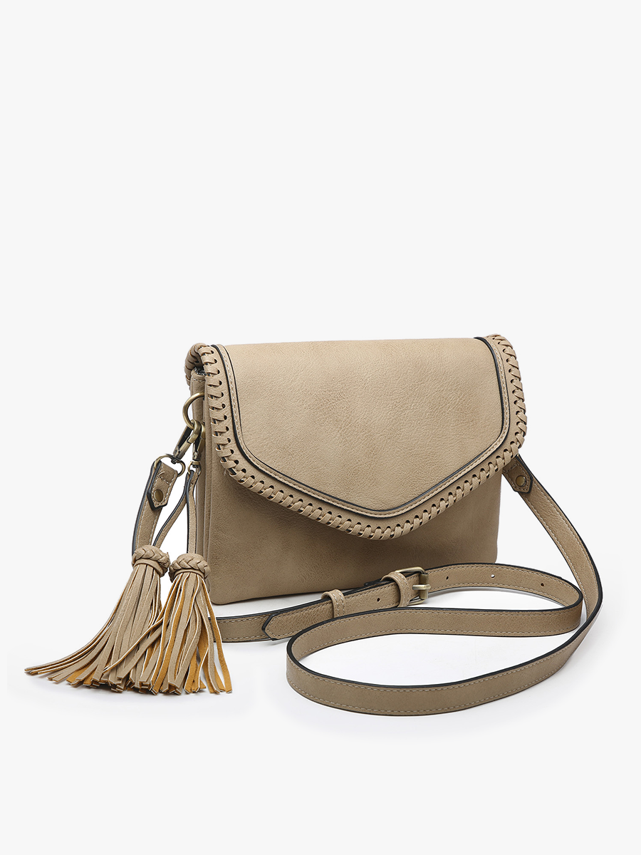 M1802A Sloane Flapover Crossbody w/ Whipstitch and Tassel: Grey