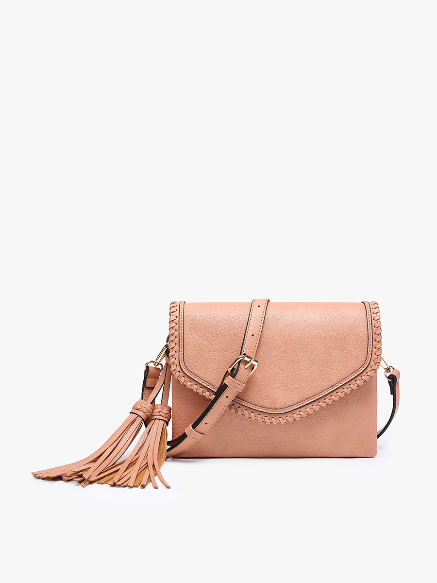 M1802A Sloane Flapover Crossbody w/ Whipstitch and Tassel: Brown