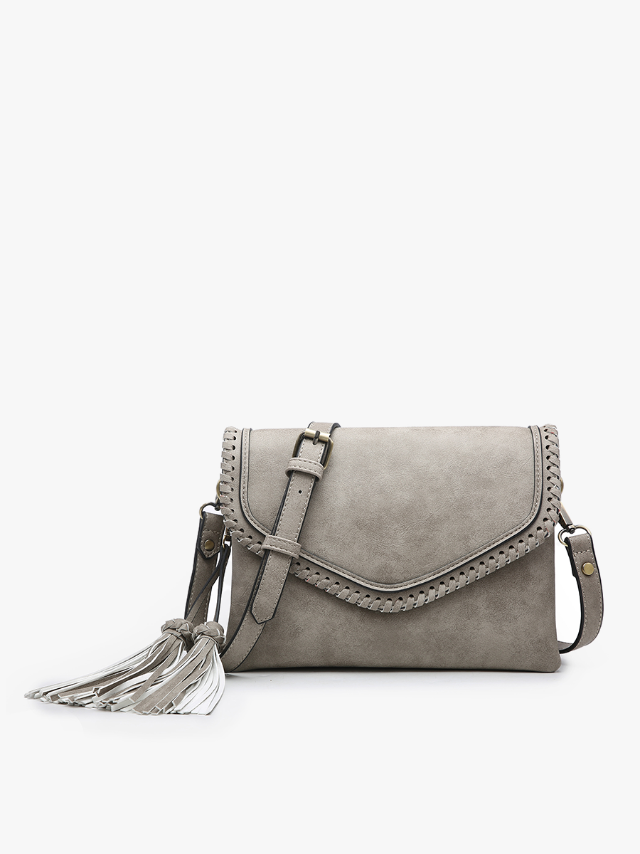 M1802A Sloane Flapover Crossbody w/ Whipstitch and Tassel: Grey