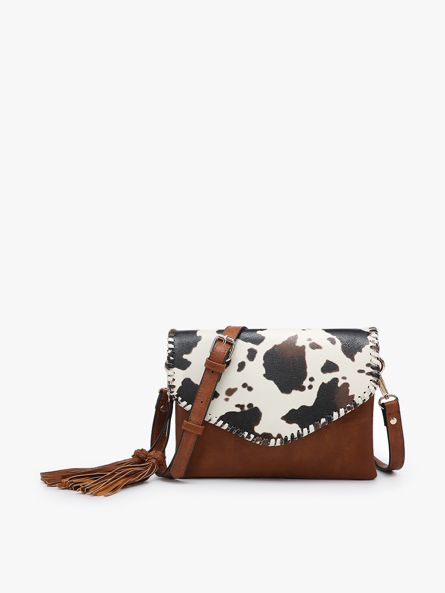 M1802A Sloane Flapover Crossbody w/ Whipstitch and Tassel: Brown