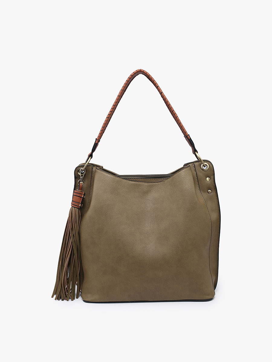 M1861 Amber Three Compartment Tassel Hobo Bag: Grey